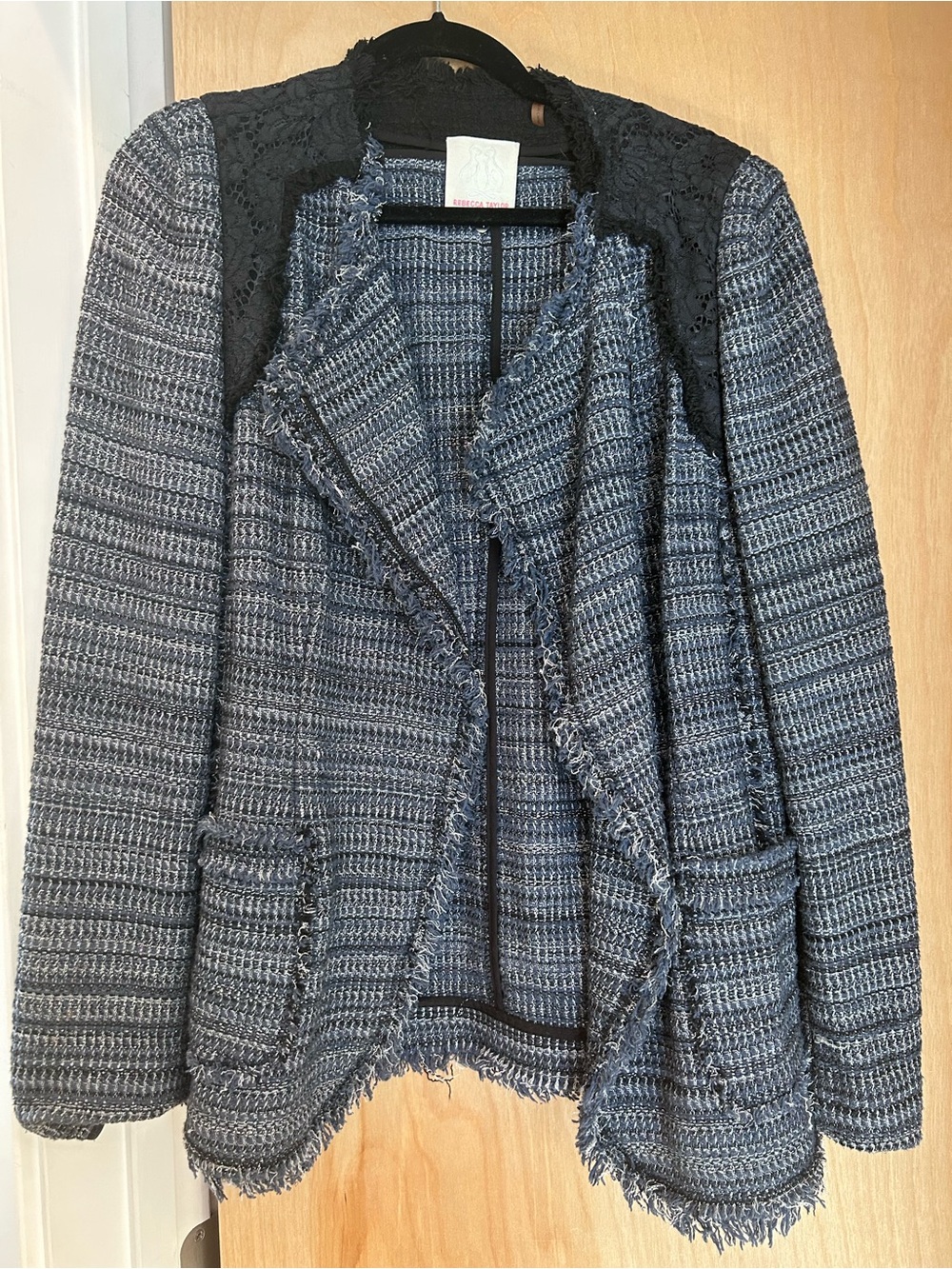 Woven Tweed Fringe Women's Blazer - Gray and Navy